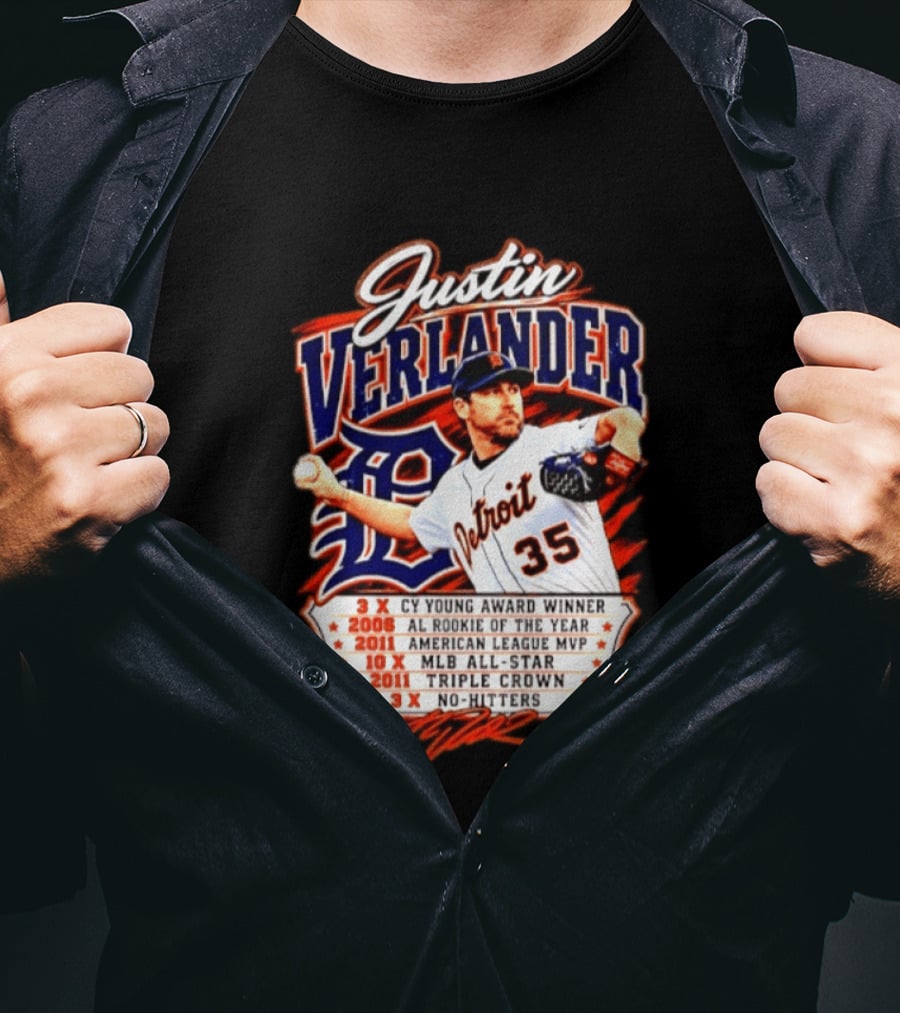 Justin Verlander Detroit Tigers Triple Crown 3x Cy Young 2011 MVP MLB All Star No Hitters T-Shirt