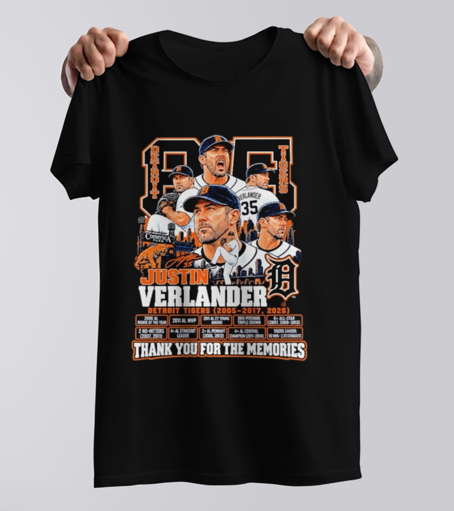 Detroit Tigers 35 Justin Verlander Thank You For The Memories 2005 2017 2026 T-Shirt
