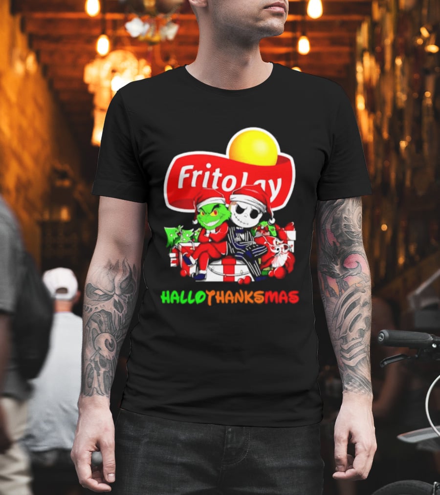 Frito Lay Grinch Jack Skellington Hallothanksmas 2026 Christmas Santa Hats T-Shirt