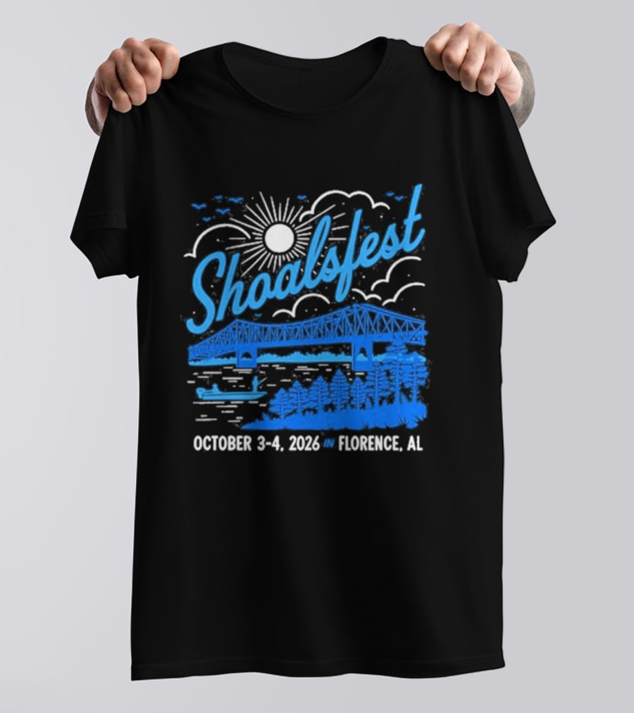 ShoalsFest October 3 4 2026 McFarland Park Florence Alabama Event With Bridge Illustration And Sun T-Shirt