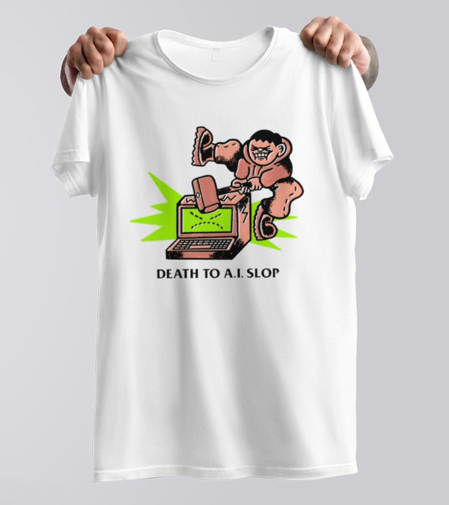 Death To AI Slop Digital Technology Revolution Sledgehammer Laptop Destruction T-Shirt