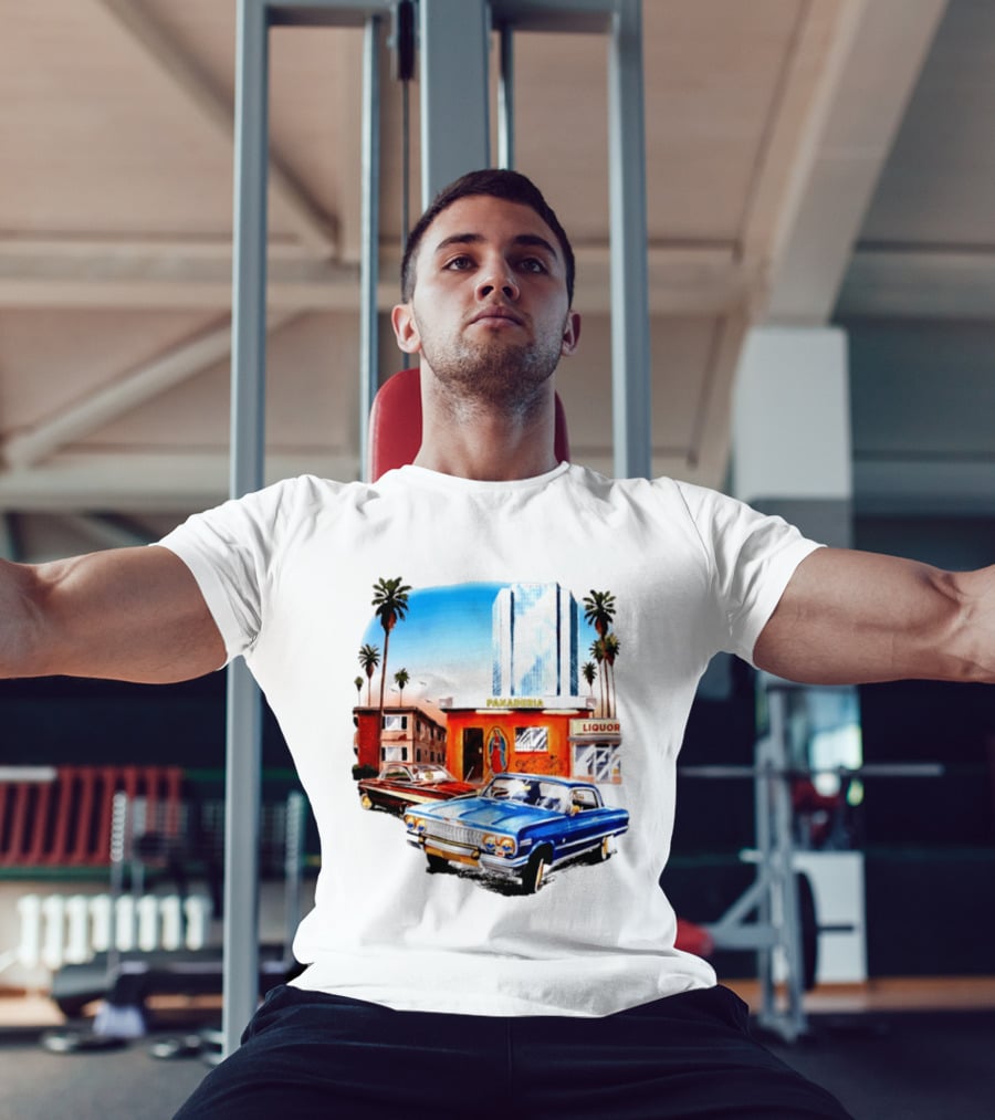 Panaderia Liquor Lowrider Scene With Vintage Cars And Palms T-Shirt