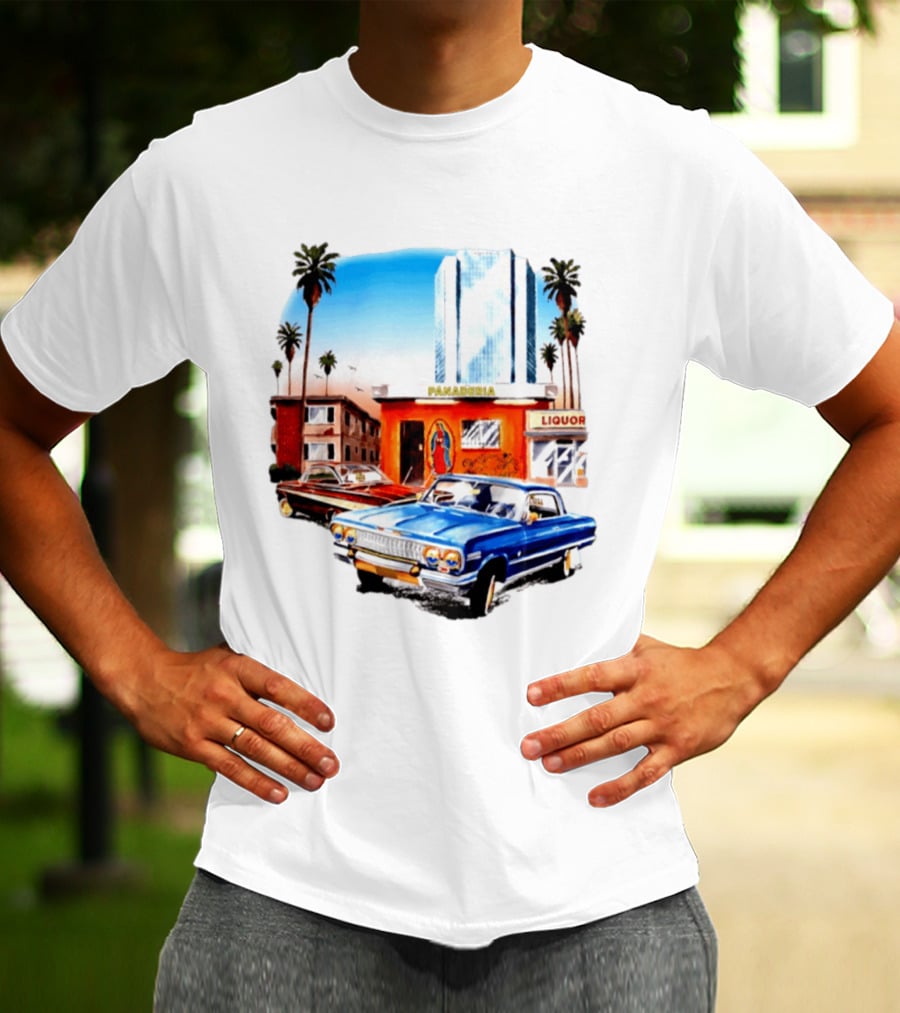 Panaderia Liquor Lowrider Scene With Vintage Cars And Palms T-Shirt
