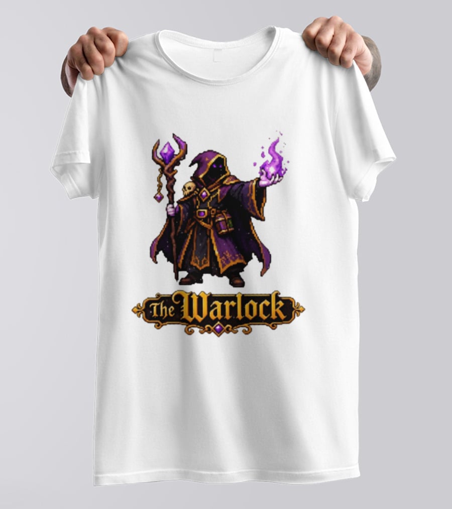 The Warlock Pixel Fantasy Mage RPG Cloaked Wizard With Staff And Magic Spell T-Shirt