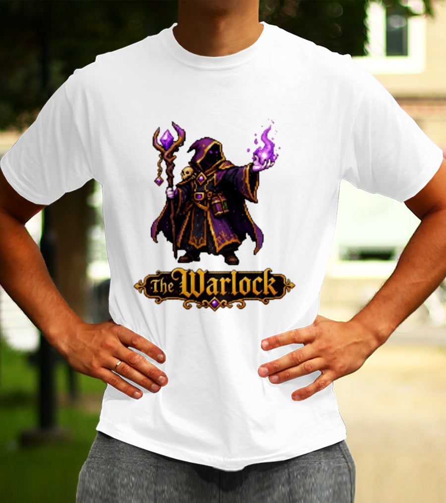 The Warlock Pixel Fantasy Mage RPG Cloaked Wizard With Staff And Magic Spell T-Shirt