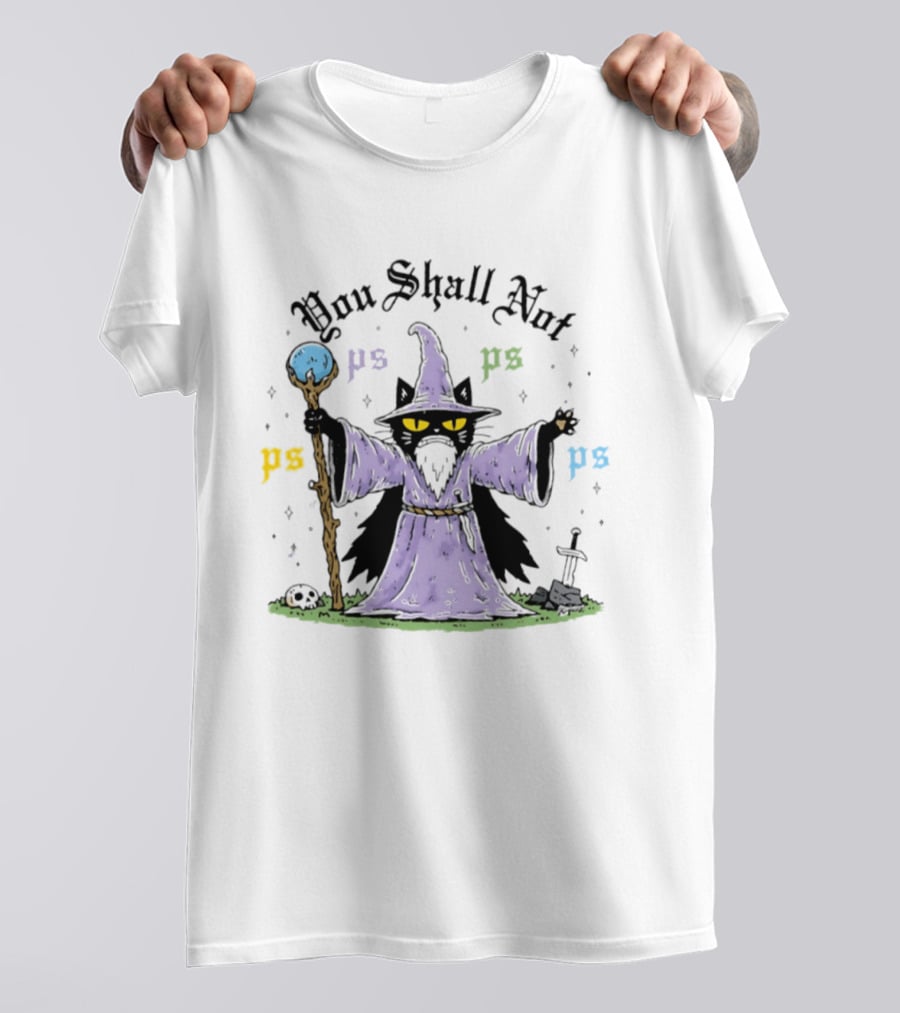 You Shall Not Ps Ps Cat Wizard Lord Of The Rings Mage Spellcaster Staff Cloak T-Shirt