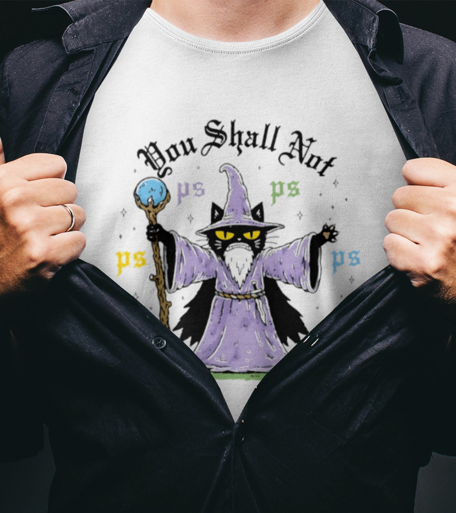 You Shall Not Ps Ps Cat Wizard Lord Of The Rings Mage Spellcaster Staff Cloak T-Shirt