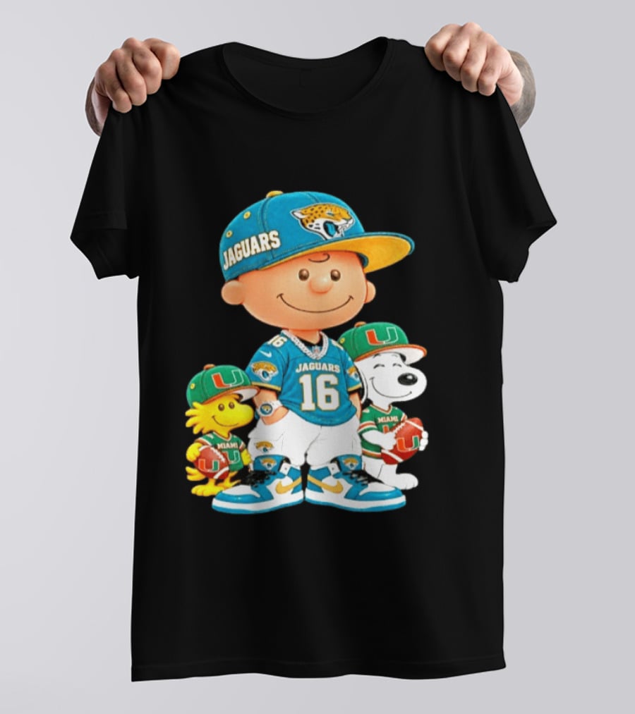Peanuts Charlie Brown Snoopy Woodstock Jacksonville Jaguars Miami Hurricanes Football Fan Gear T-Shirt