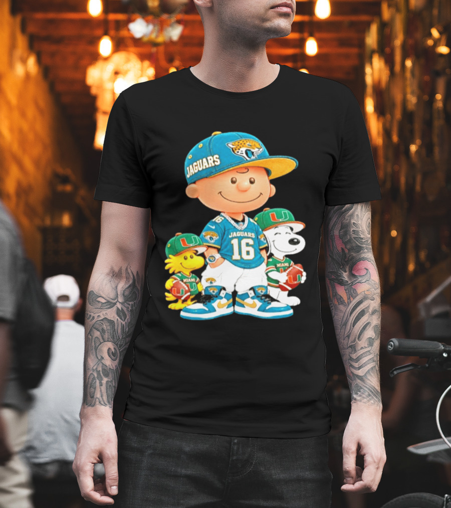 Peanuts Charlie Brown Snoopy Woodstock Jacksonville Jaguars Miami Hurricanes Football Fan Gear T-Shirt