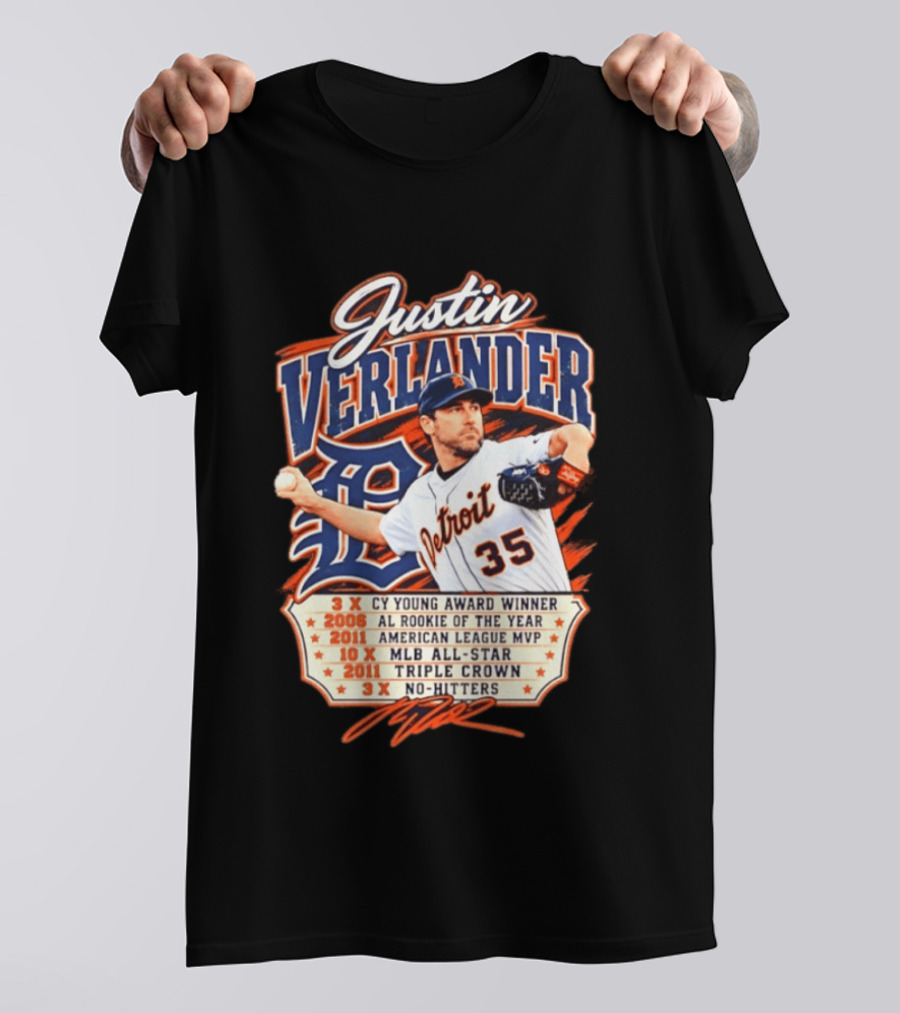 Justin Verlander Detroit Tigers Career 3x Cy Young Award Winner AL Rookie Of The Year 2011 American League MVP MLB All Star Triple Crown No Hitters T-Shirt