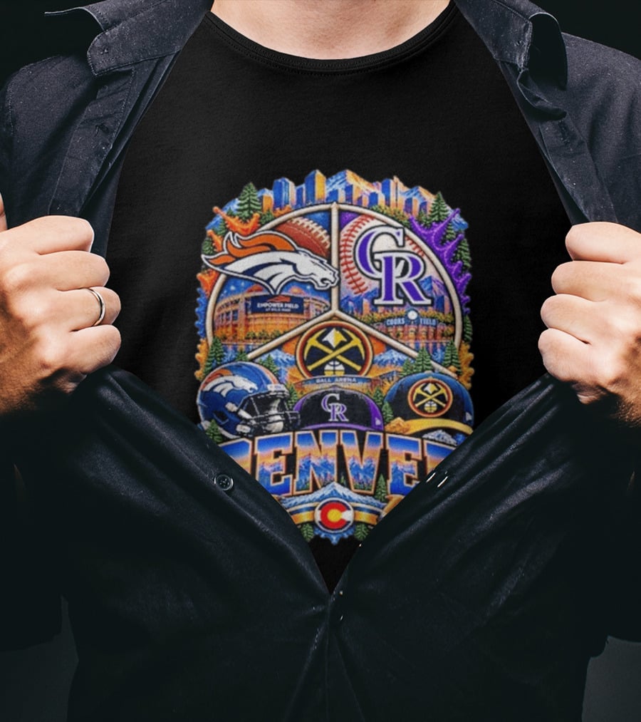 Denver Broncos Rockies Nuggets Sports Skyline Empower Field Coors Ball Arena T-Shirt