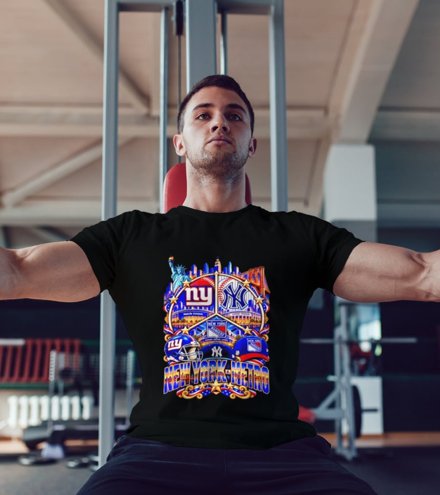 New York Metro Giants Yankees Rangers Skyline Stadium Statue Liberty T-Shirt