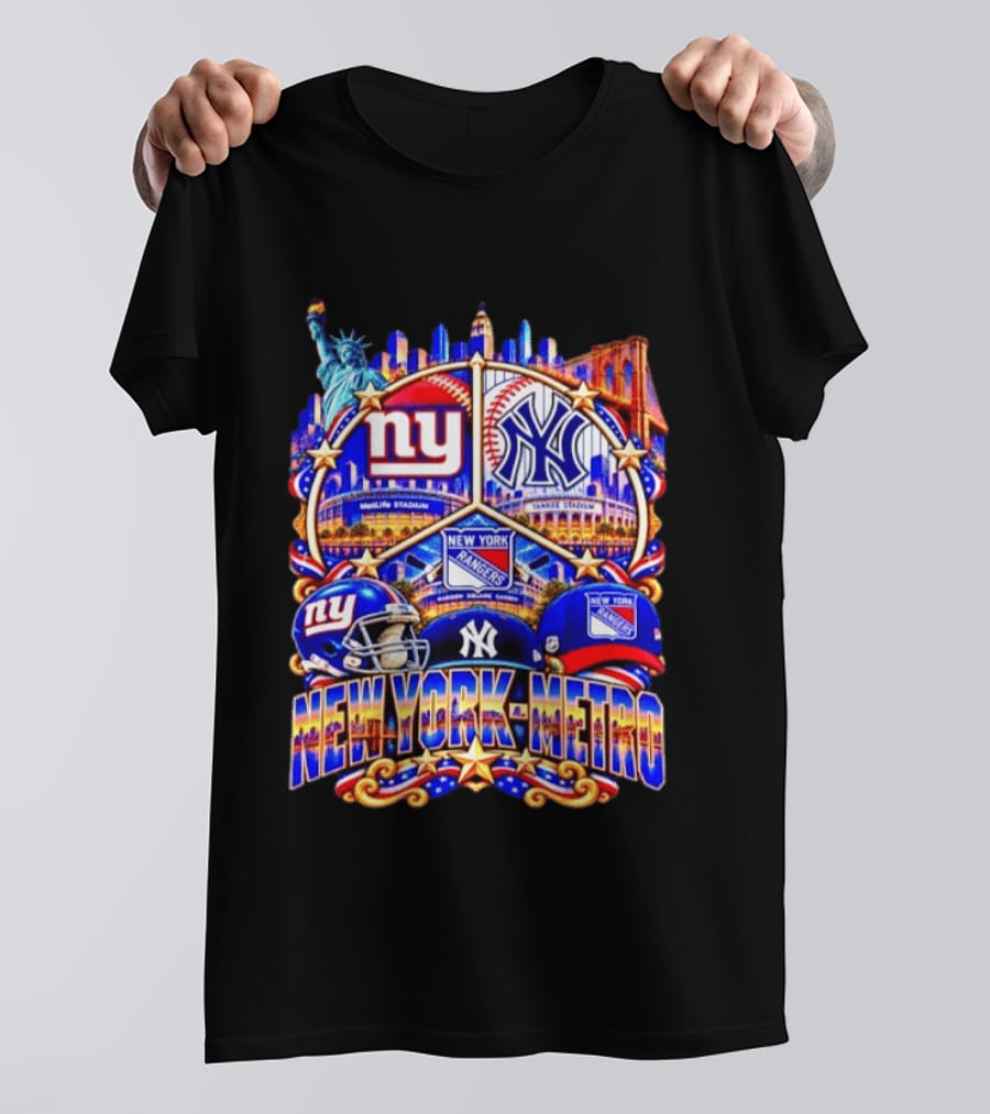 New York Metro Giants Yankees Rangers Skyline Stadium Statue Liberty T-Shirt