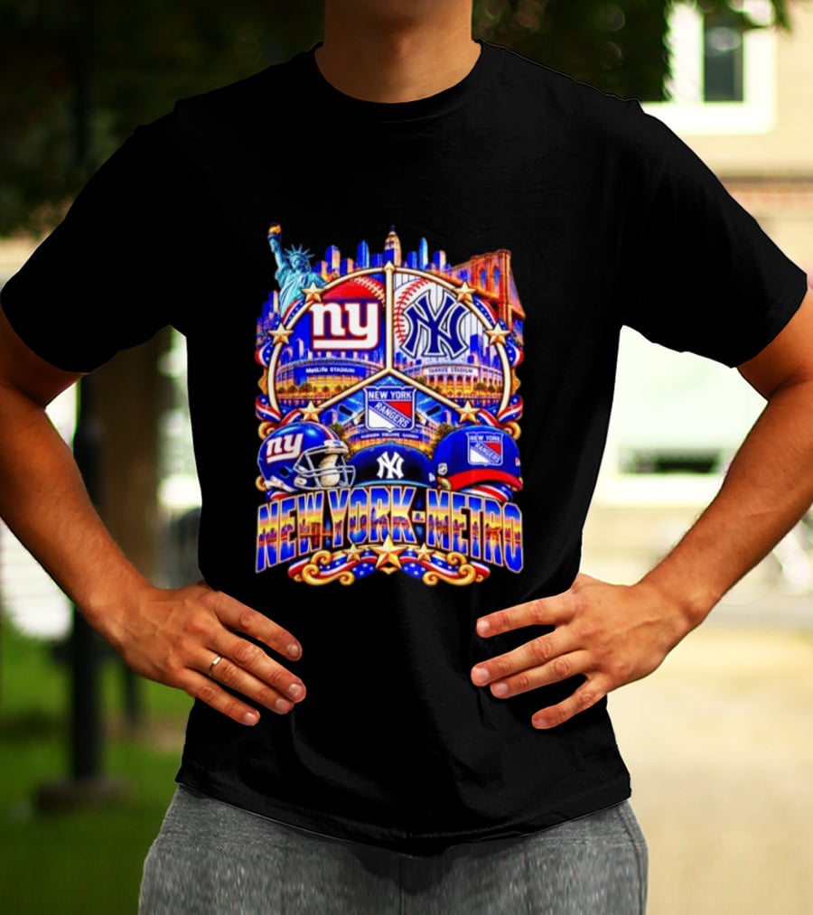 New York Metro Giants Yankees Rangers Skyline Stadium Statue Liberty T-Shirt