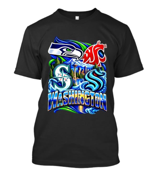 Seattle Seahawks Washington State Cougars Mariners Kraken Washington Skyline T-Shirt