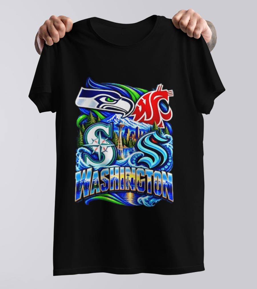 Seattle Seahawks Washington State Cougars Mariners Kraken Washington Skyline T-Shirt