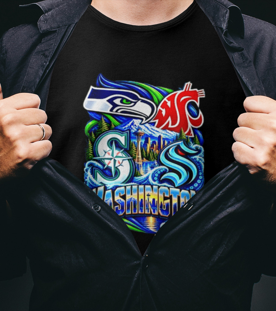 Seattle Seahawks Washington State Cougars Mariners Kraken Washington Skyline T-Shirt
