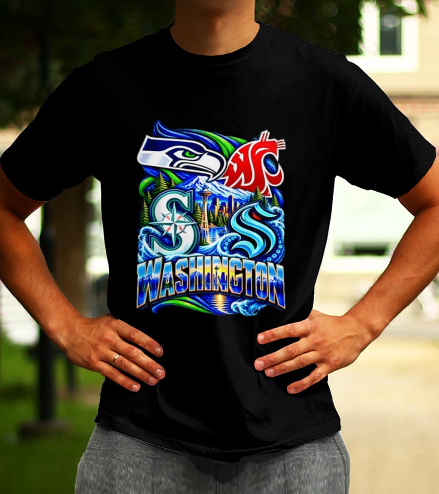 Seattle Seahawks Washington State Cougars Mariners Kraken Washington Skyline T-Shirt