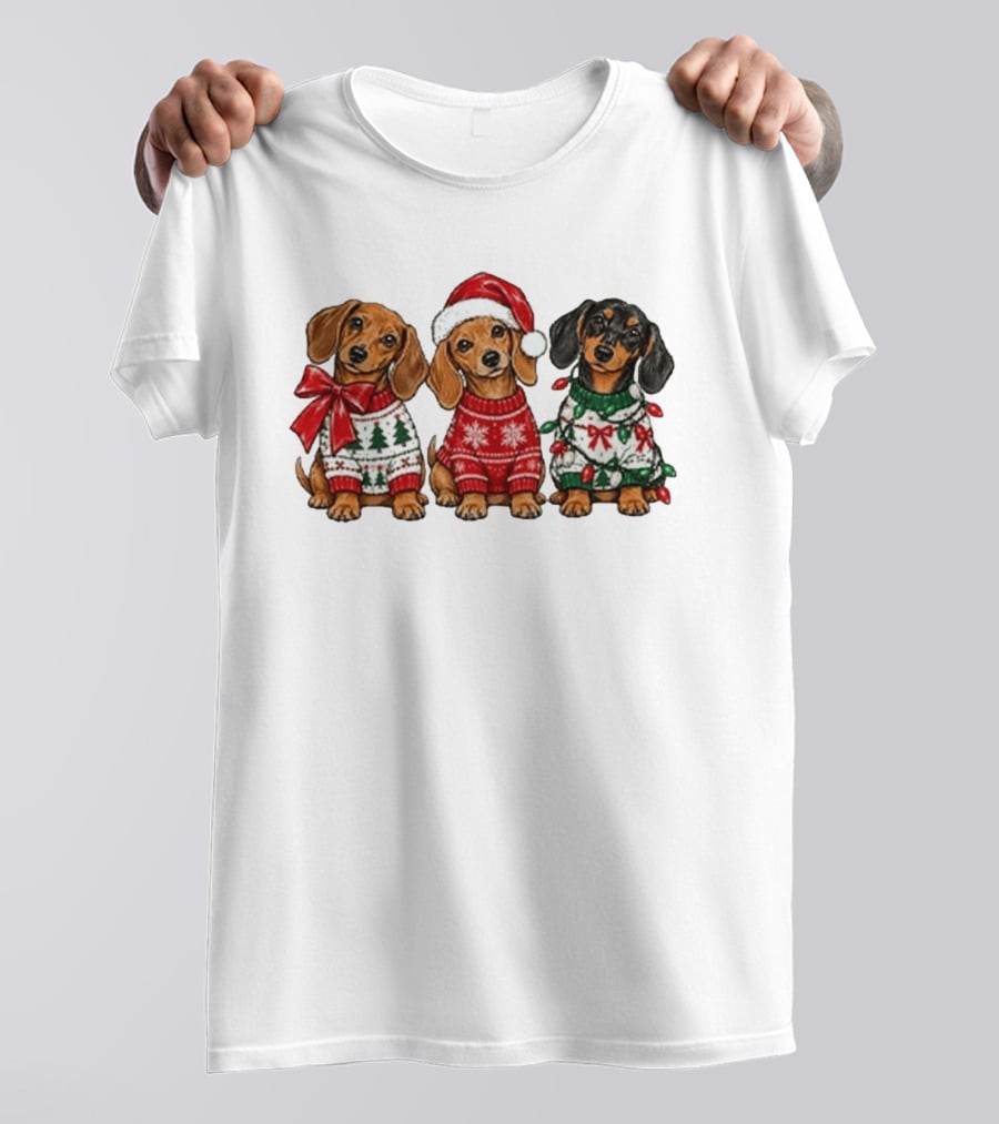 Cozy Christmas Dachshund Trio In Festive Sweaters With Santa Hat T-Shirt
