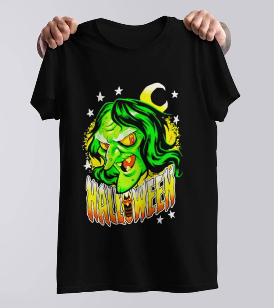 Halloween Witch Green Face Crescent Moon And Stars T-Shirt