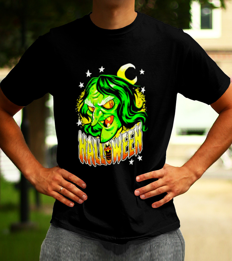 Halloween Witch Green Face Crescent Moon And Stars T-Shirt