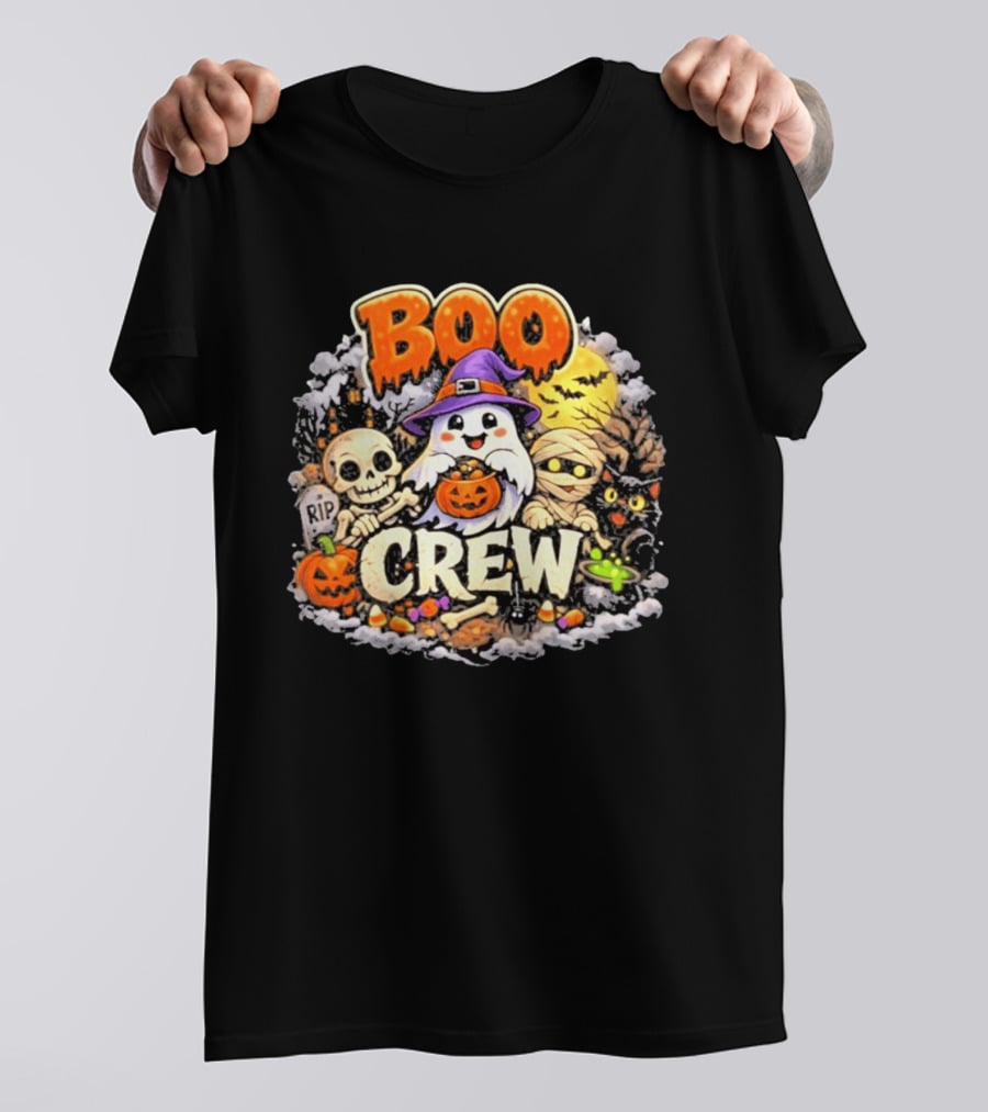Boo Crew Ghost Halloween Skeleton Mummy Black Cat Pumpkin T-Shirt