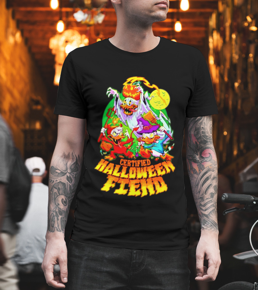 Certified Halloween Fiend Donald Duck Huey Dewey Louie Ghost Witch Devil Moon Scene T-Shirt