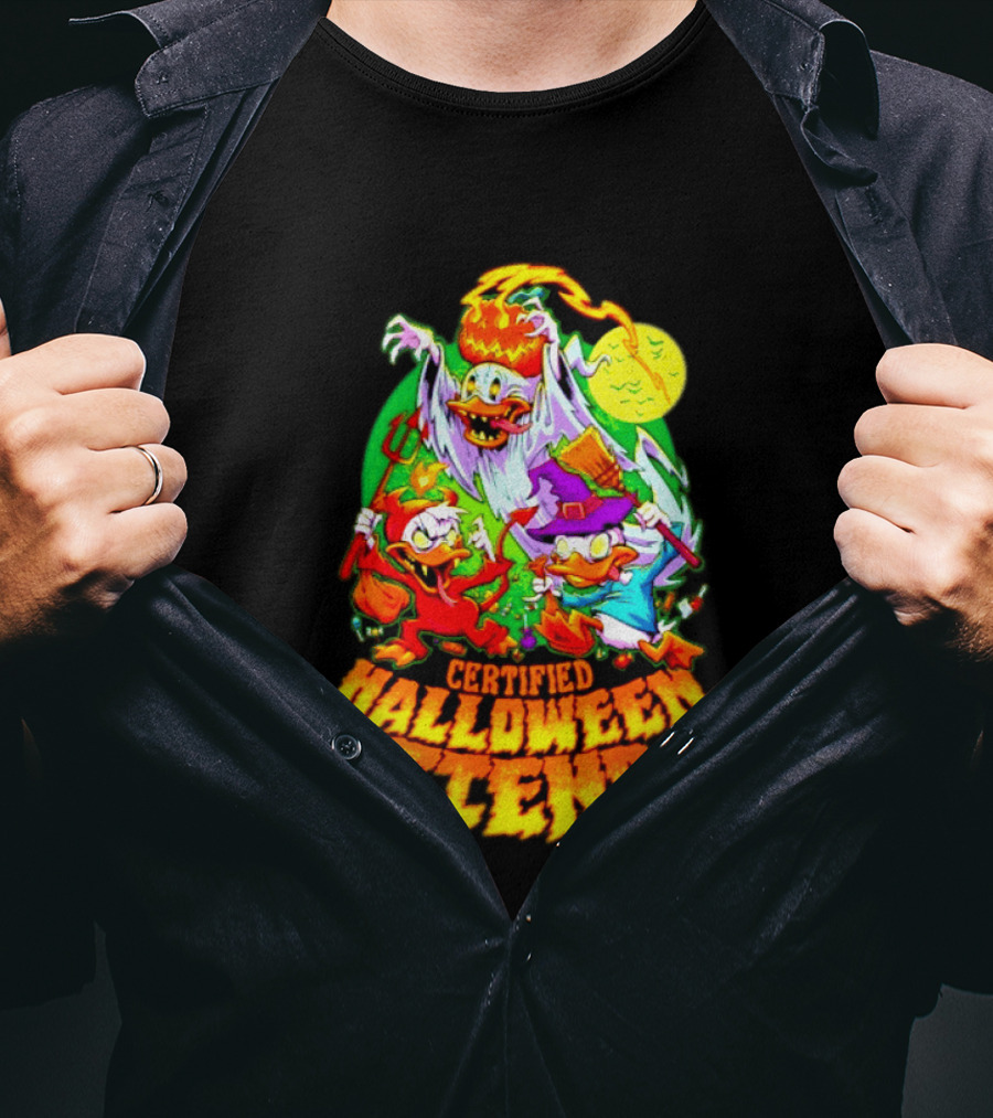 Certified Halloween Fiend Donald Duck Huey Dewey Louie Ghost Witch Devil Moon Scene T-Shirt