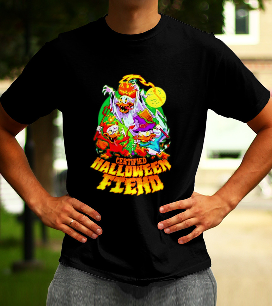 Certified Halloween Fiend Donald Duck Huey Dewey Louie Ghost Witch Devil Moon Scene T-Shirt