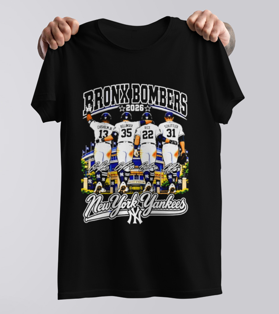 New York Yankees Bronx Bombers 2026 Chisholm Jr Bellinger Rice Schlittler Numbers 37 45 22 31 T-Shirt