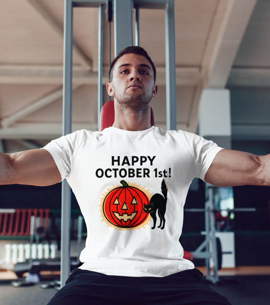 Happy October 1st Pumpkin Black Cat Halloween Celebration T-Shirt