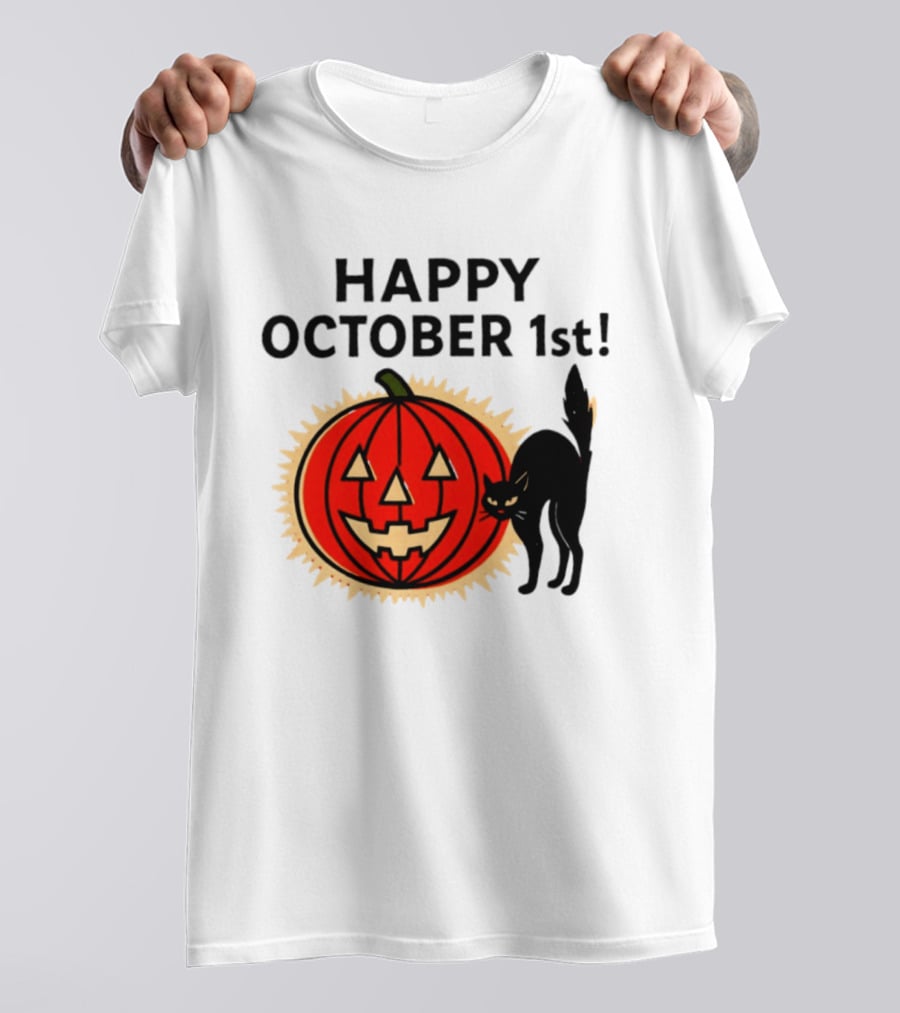 Happy October 1st Pumpkin Black Cat Halloween Celebration T-Shirt