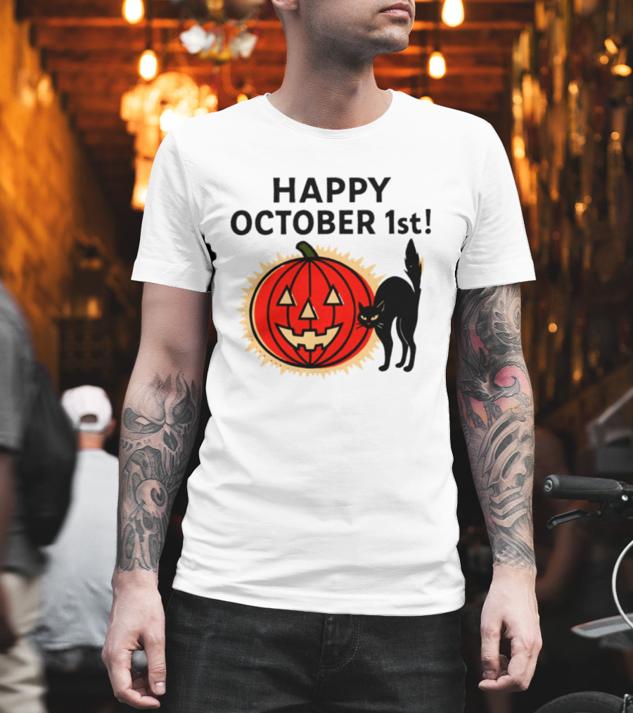 Happy October 1st Pumpkin Black Cat Halloween Celebration T-Shirt