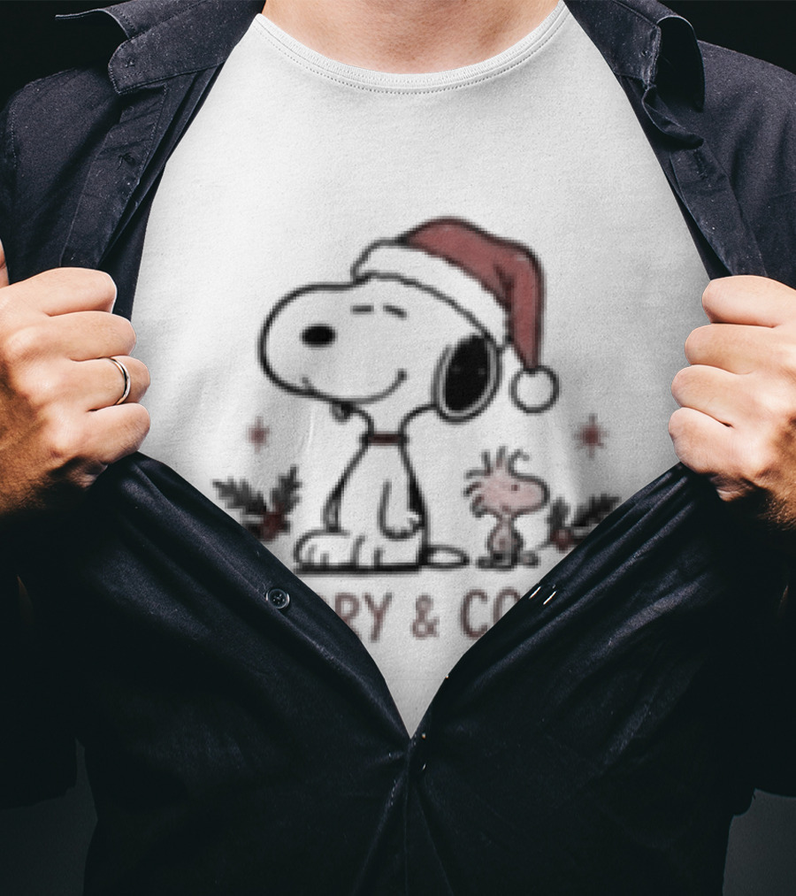 Merry & Cozy Snoopy Christmas Club Holiday Santa Hat And Holly T-Shirt