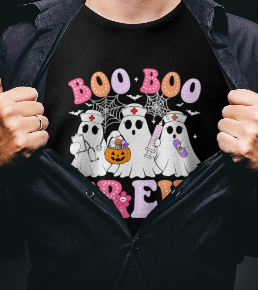 Boo Boo Crew Ghost Nurse Halloween Spooky Pumpkins And Webs T-Shirt