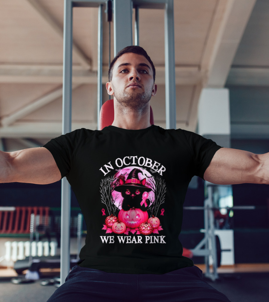 In October We Wear Pink Cat Witch Breast Cancer Awareness Halloween T-Shirt