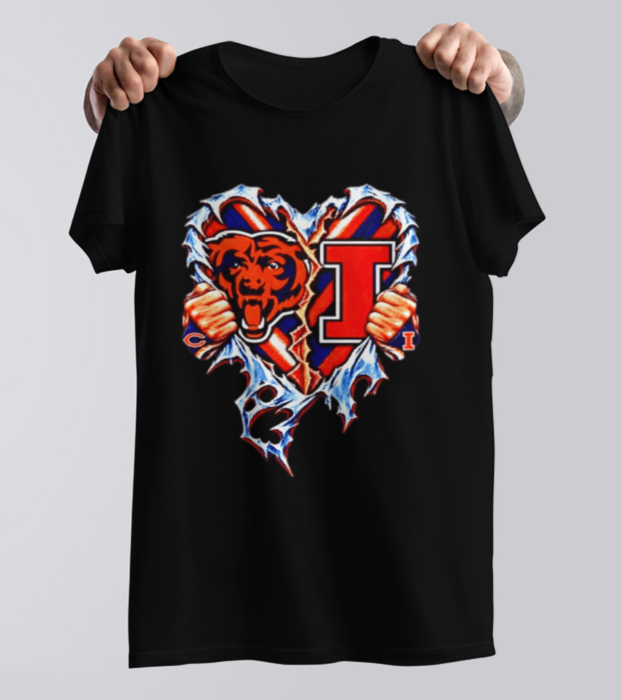 Chicago Bears Illinois Fighting Illini Heart Ripped Chest Mashup T-Shirt