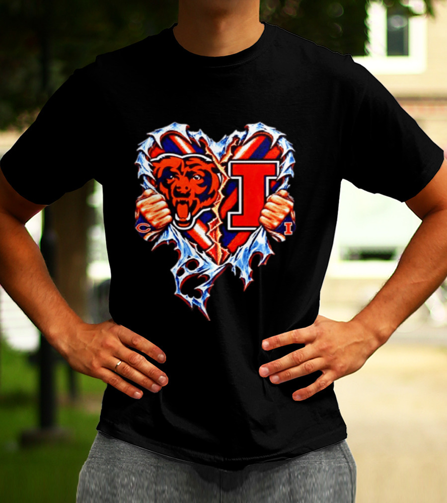 Chicago Bears Illinois Fighting Illini Heart Ripped Chest Mashup T-Shirt