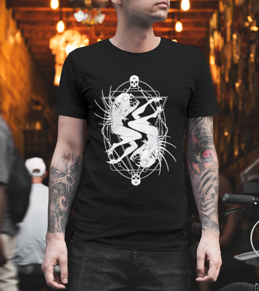Half Woman Half Fish Skeleton Symmetry With Skulls T-Shirt