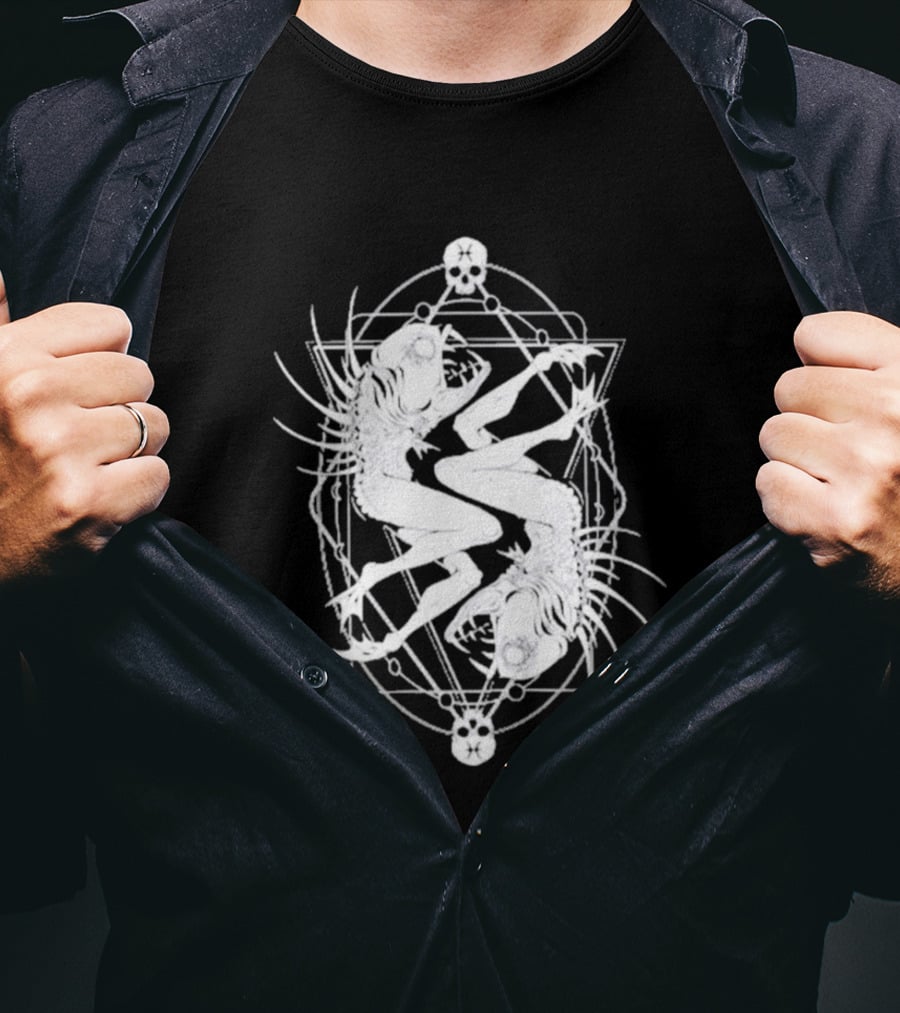 Half Woman Half Fish Skeleton Symmetry With Skulls T-Shirt