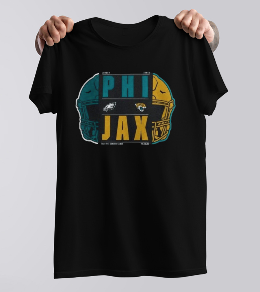 Jacksonville Jaguars Vs Philadelphia Eagles 2026 London Game International City Matchup Football Helmets Logos T-Shirt