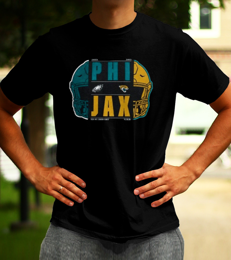 Jacksonville Jaguars Vs Philadelphia Eagles 2026 London Game International City Matchup Football Helmets Logos T-Shirt