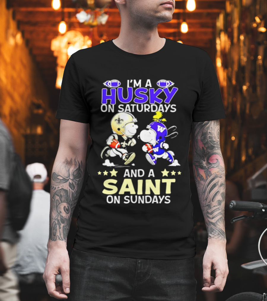 Peanuts I'm A Husky On Saturdays And A Saint On Sundays Football Charlie Brown Snoopy T-Shirt