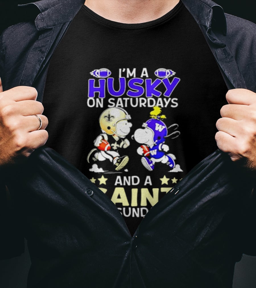 Peanuts I'm A Husky On Saturdays And A Saint On Sundays Football Charlie Brown Snoopy T-Shirt