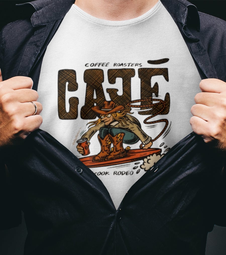 Cowboy Cafe Coffee Roaster Kook Rodeo Surfing Cowboy T-Shirt