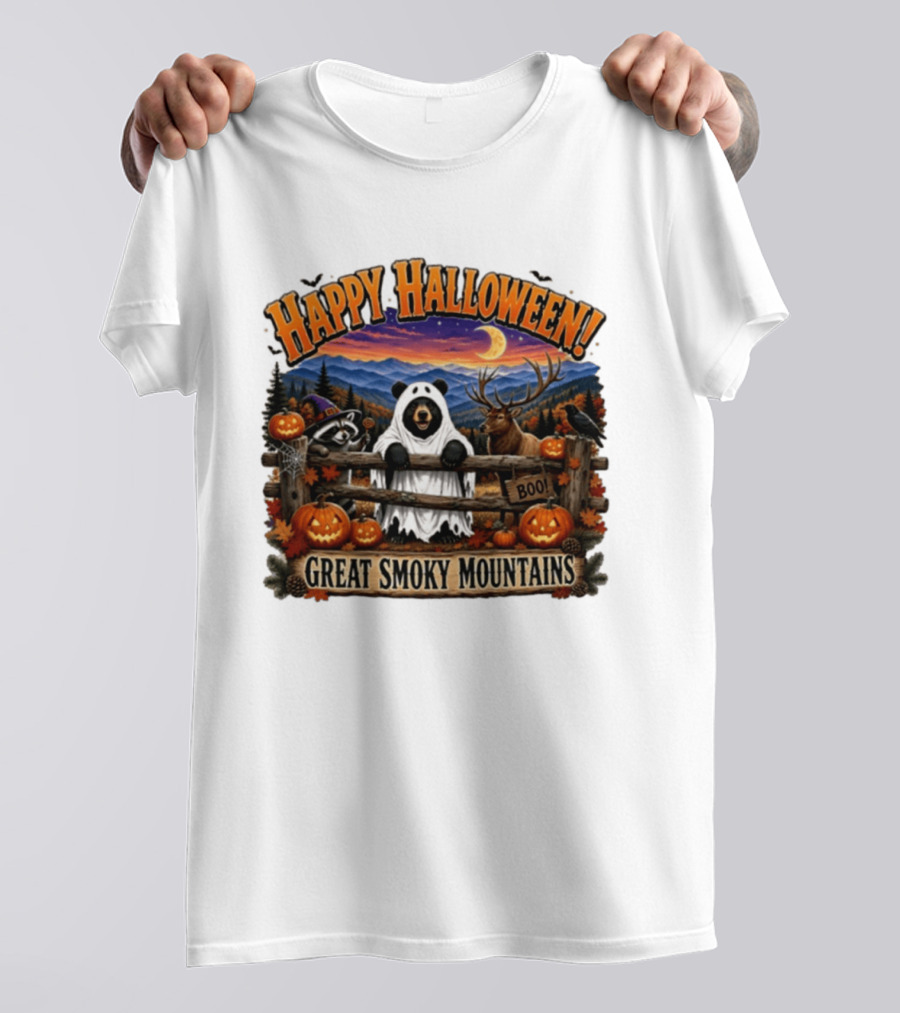 Happy Halloween Boo Great Smoky Mountains Bear Raccoon Deer T-Shirt