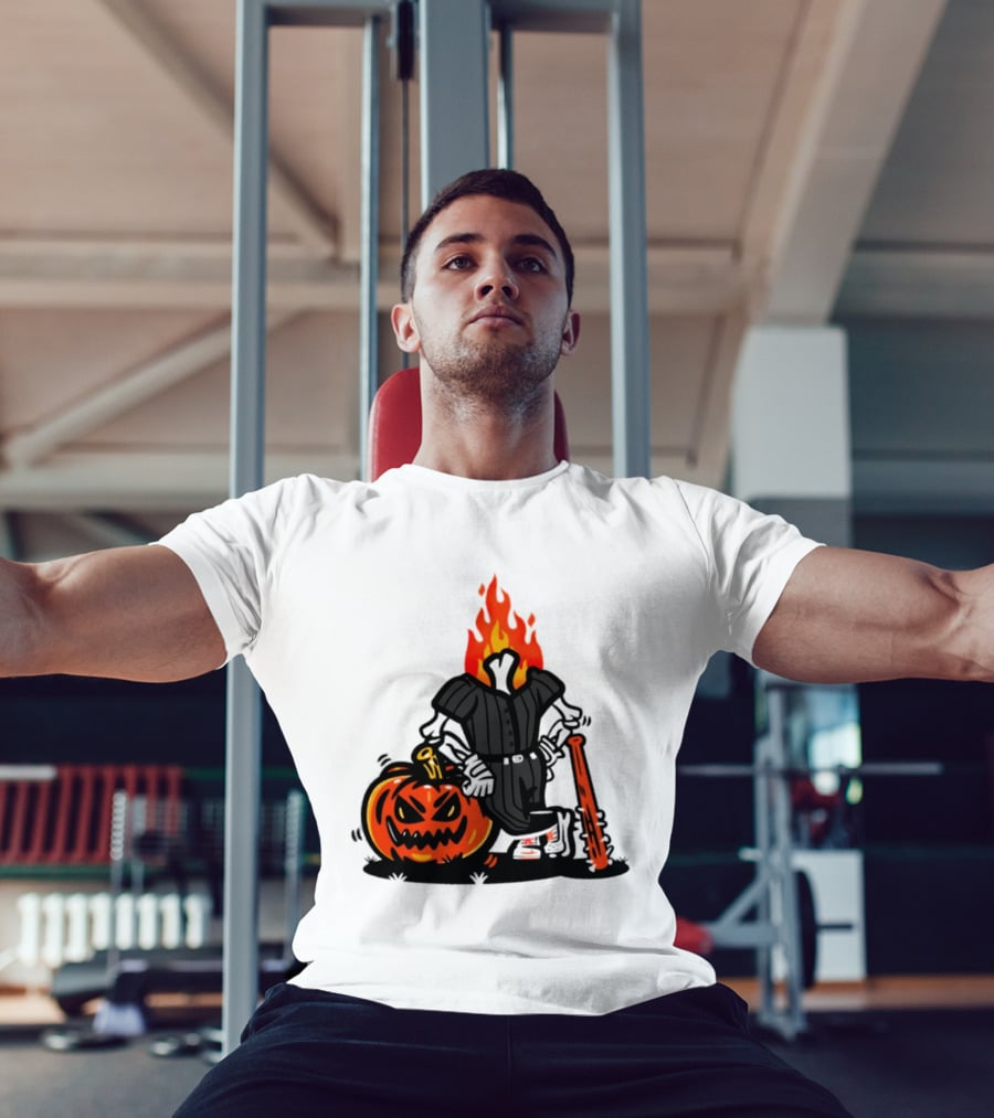 Flaming Pumpkin Head Baseball Player 2026 Halloween T-Shirt