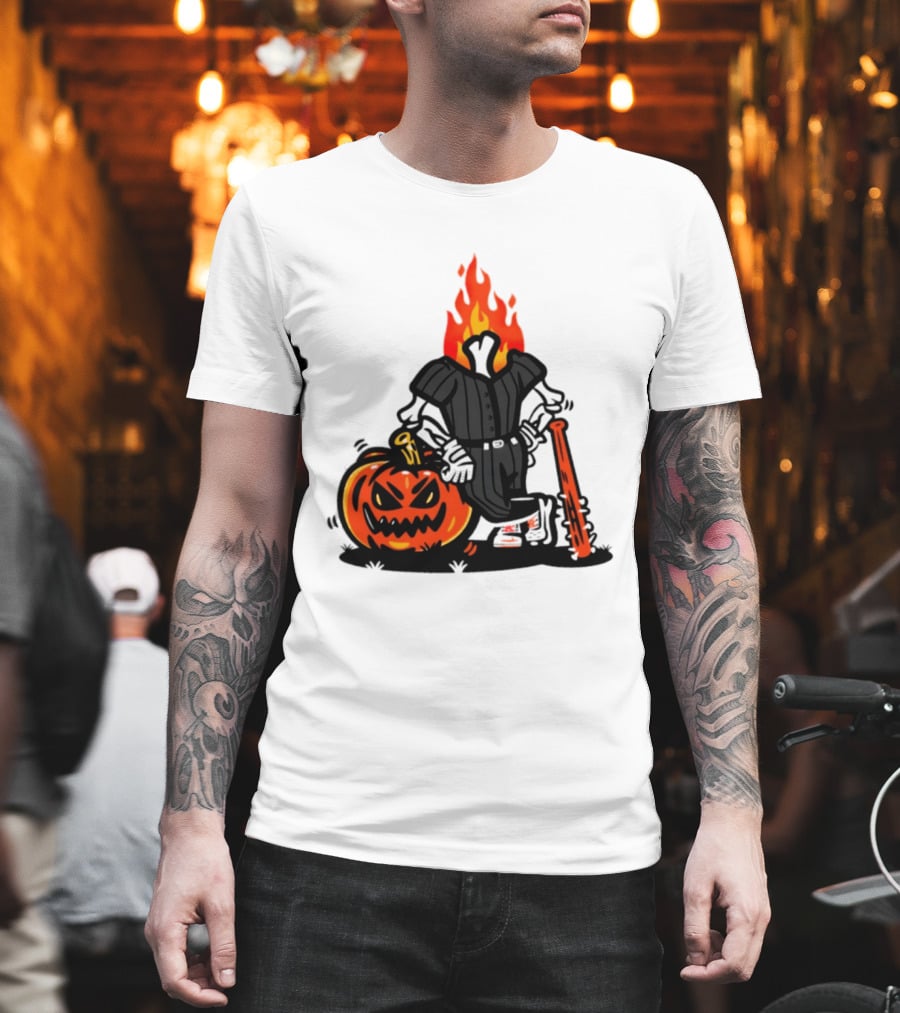 Flaming Pumpkin Head Baseball Player 2026 Halloween T-Shirt