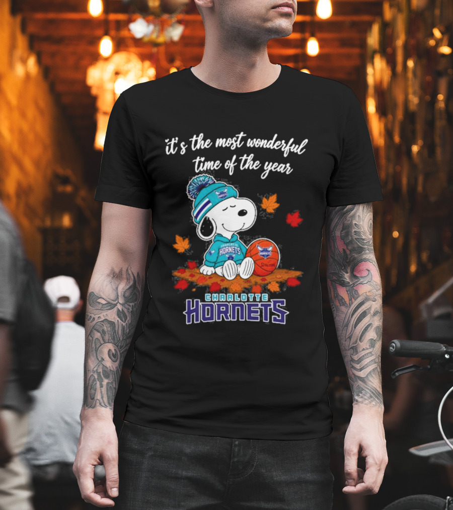 Charlotte Hornets Snoopy Autumn Football Most Wonderful Time Of The Year T-Shirt