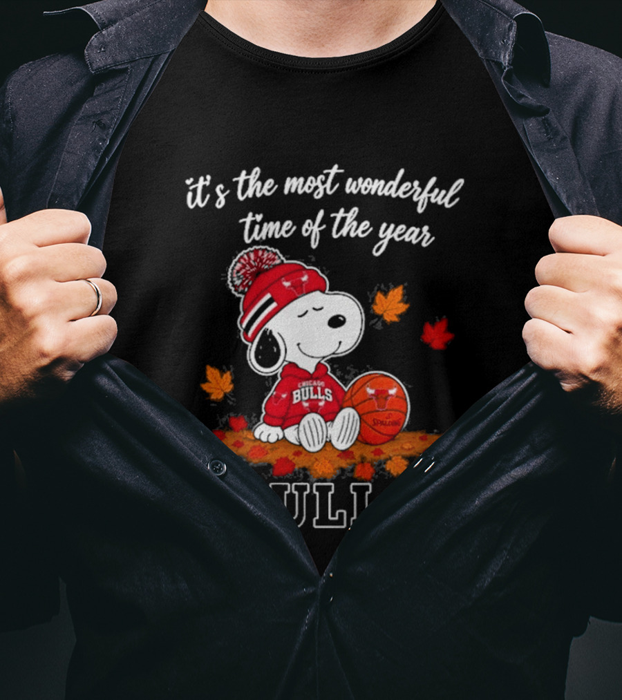 Chicago Bulls Snoopy Autumn Leaves Football Most Wonderful Time Of The Year T-Shirt